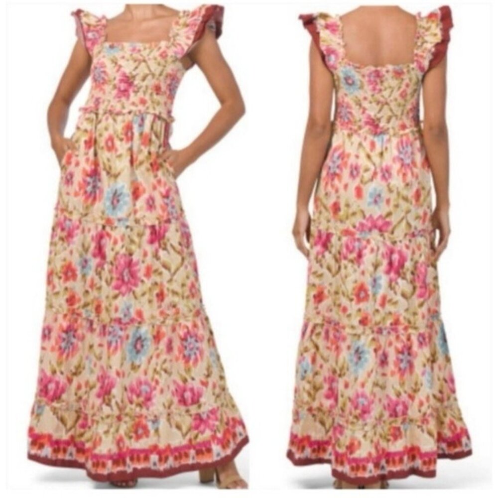 House of Harlow M Medium Tiered Maxi Dress Colorful Ruffled Smocked